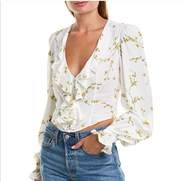 Divine Heritage Tops - Divine Heritage Floral Ruffle White Blouse